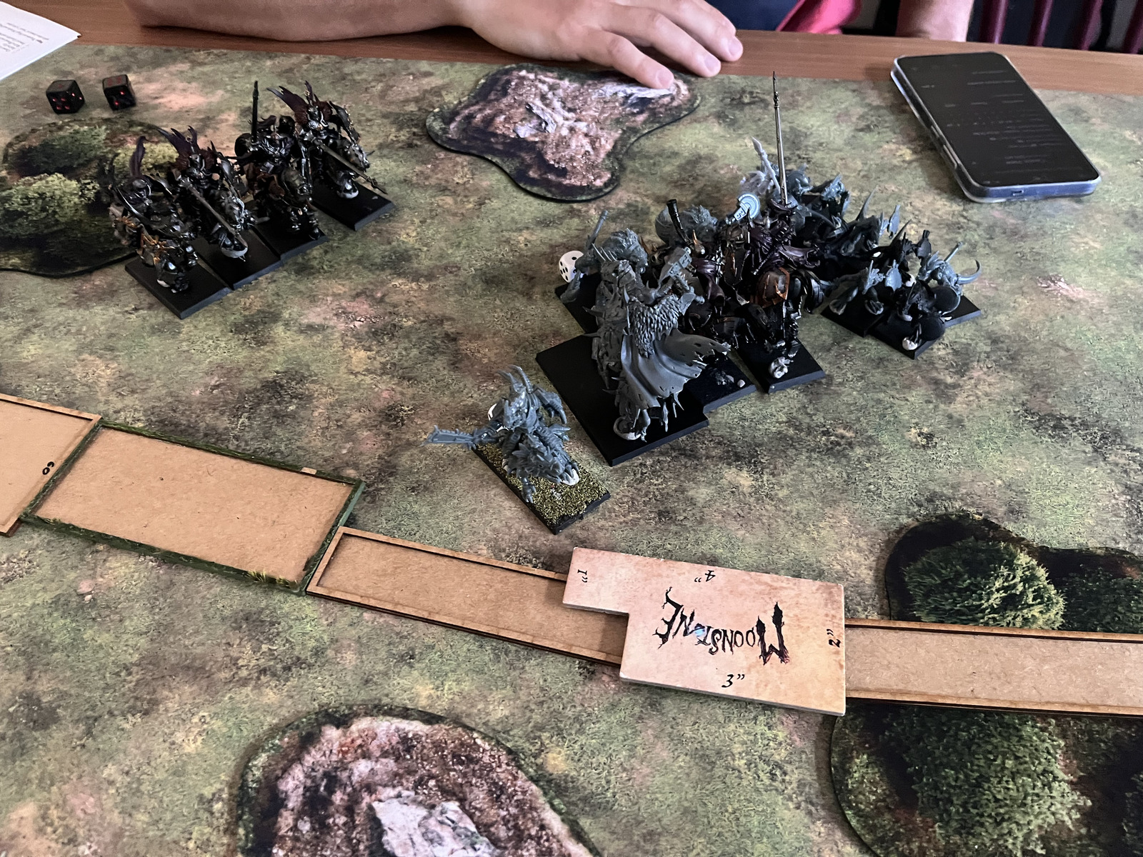 The armies line up: Chaos knights and characters face Kroxigors, Saurus, Skinks, and a Cold One veteran