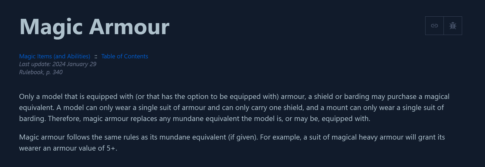 Rulebook excerpt about magic armour requirements