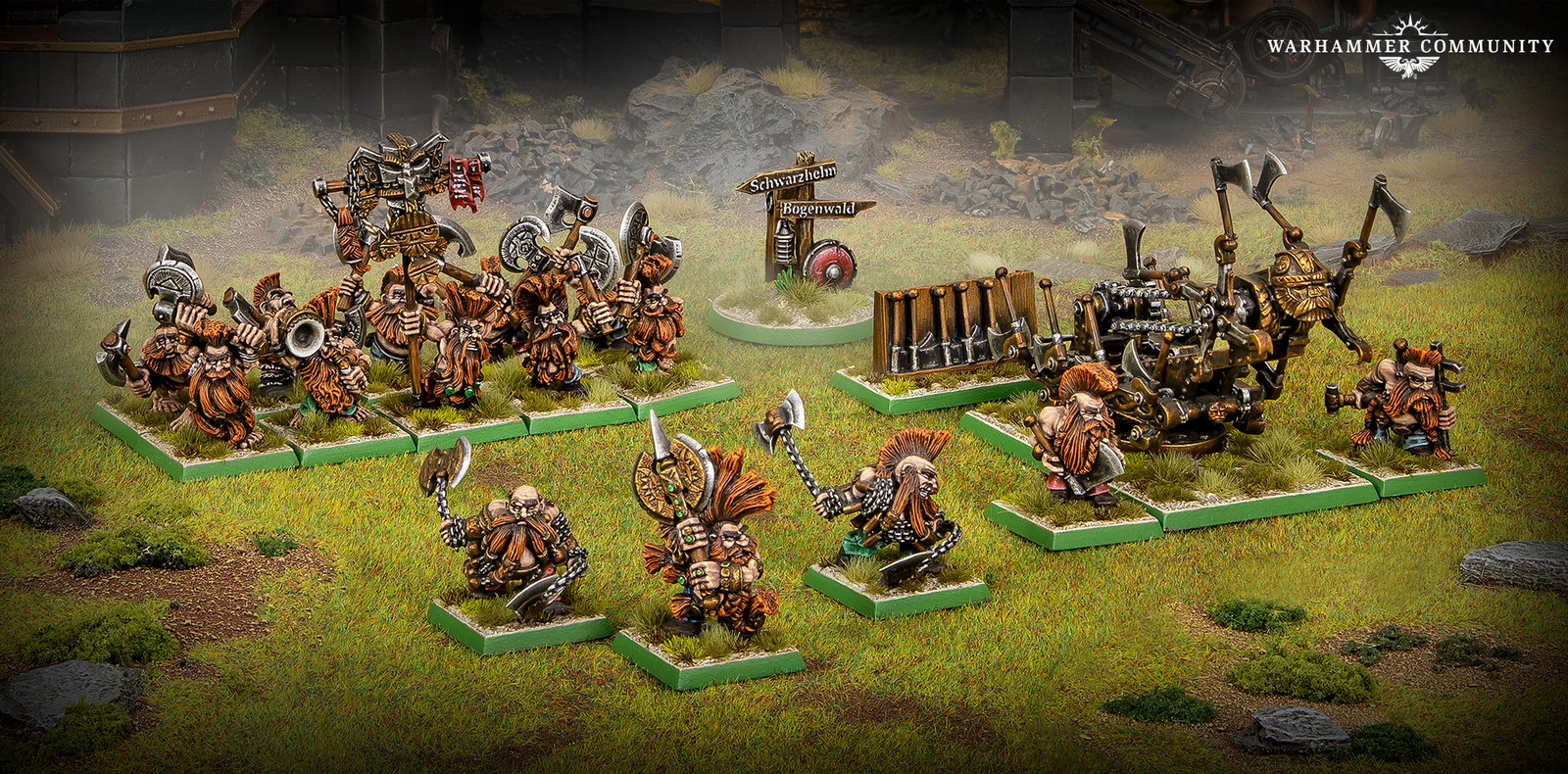 Dwarfs from The Old World in full orange Slayer style