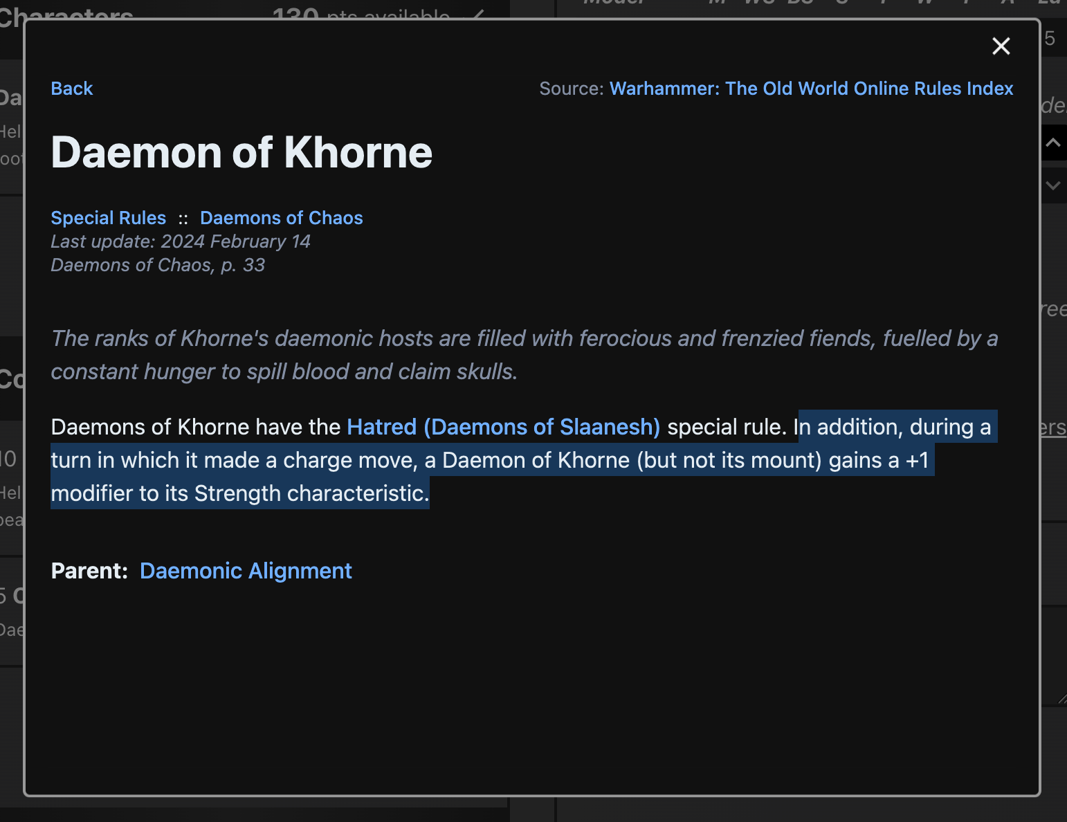 Screenshot about Khorne bonus