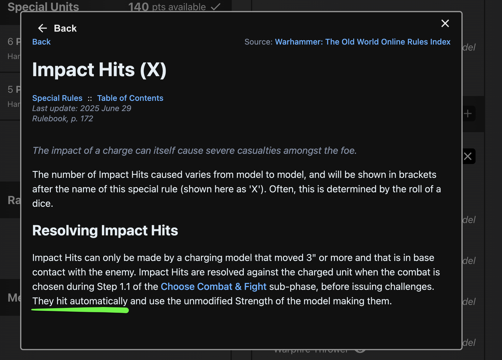 Rules screenshot about impact hits