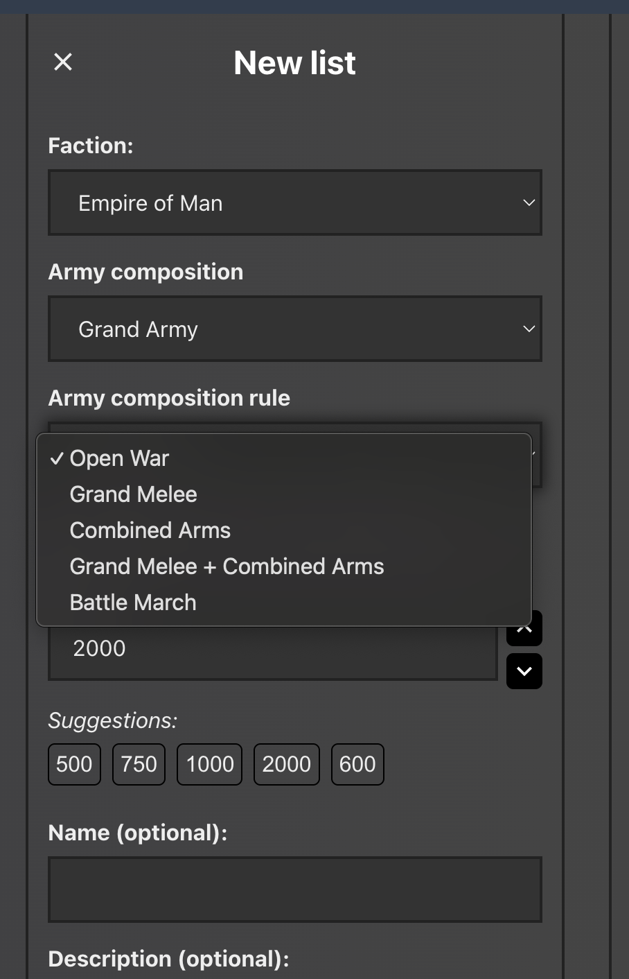 Old World list-building screenshot